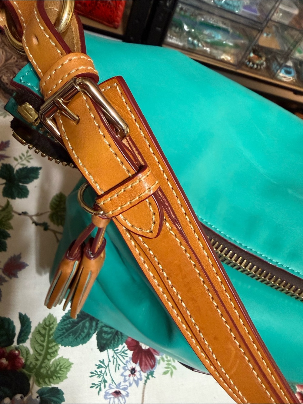 Dooney & Bourke McKenzie Teal Leather Hobo Shoulder Bag with Tan Trim - Picture 2 of 14